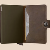 Broderick's Clothing Co. Secrid Miniwallet in Vintage Oak brown leather with an aluminium card protector mechanism.