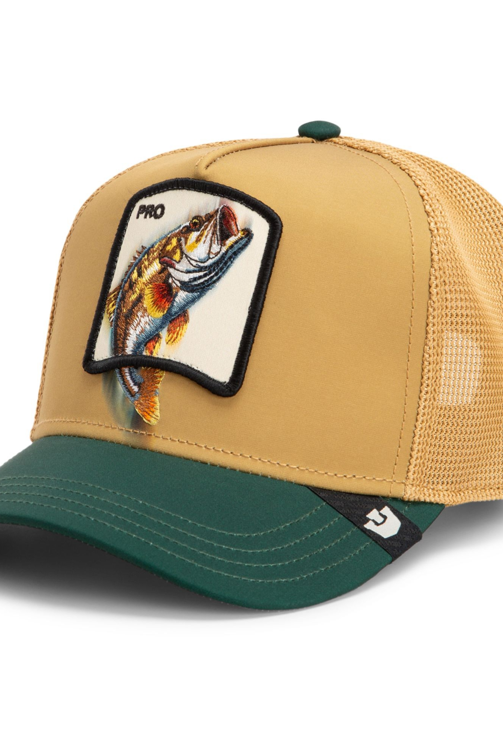 Broderick's Clothing Co. Goorin Bros. tan and green trucker hat with a fish patch and breathable mesh back panels.
