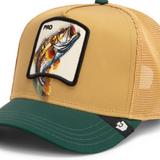 Broderick's Clothing Co. Goorin Bros. tan and green trucker hat with a fish patch and breathable mesh back panels.