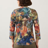 Back view of Broderick's Clothing Co. FDJ 3/4 sleeve henley top featuring a vibrant multi-colour abstract print