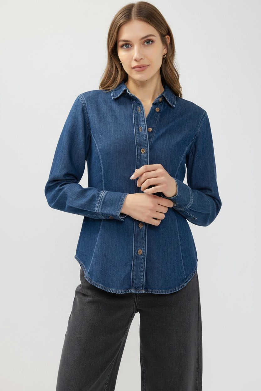 Broderick's Clothing Co. Angie medium-wash blue denim shirt with princess seams worn by a model