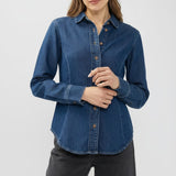 Broderick's Clothing Co. Angie medium-wash blue denim shirt with princess seams worn by a model