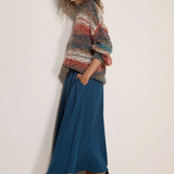 Broderick's Clothing Co. apricot mixed yarn distressed boho jumper with mock neck and dropped shoulders on a model