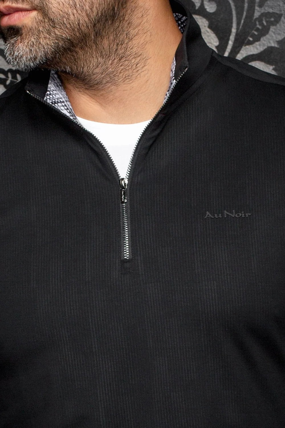Broderick's Clothing Co. Au Noir BONNEFOI black quarter-zip sports sweater with patterned inner collar detail