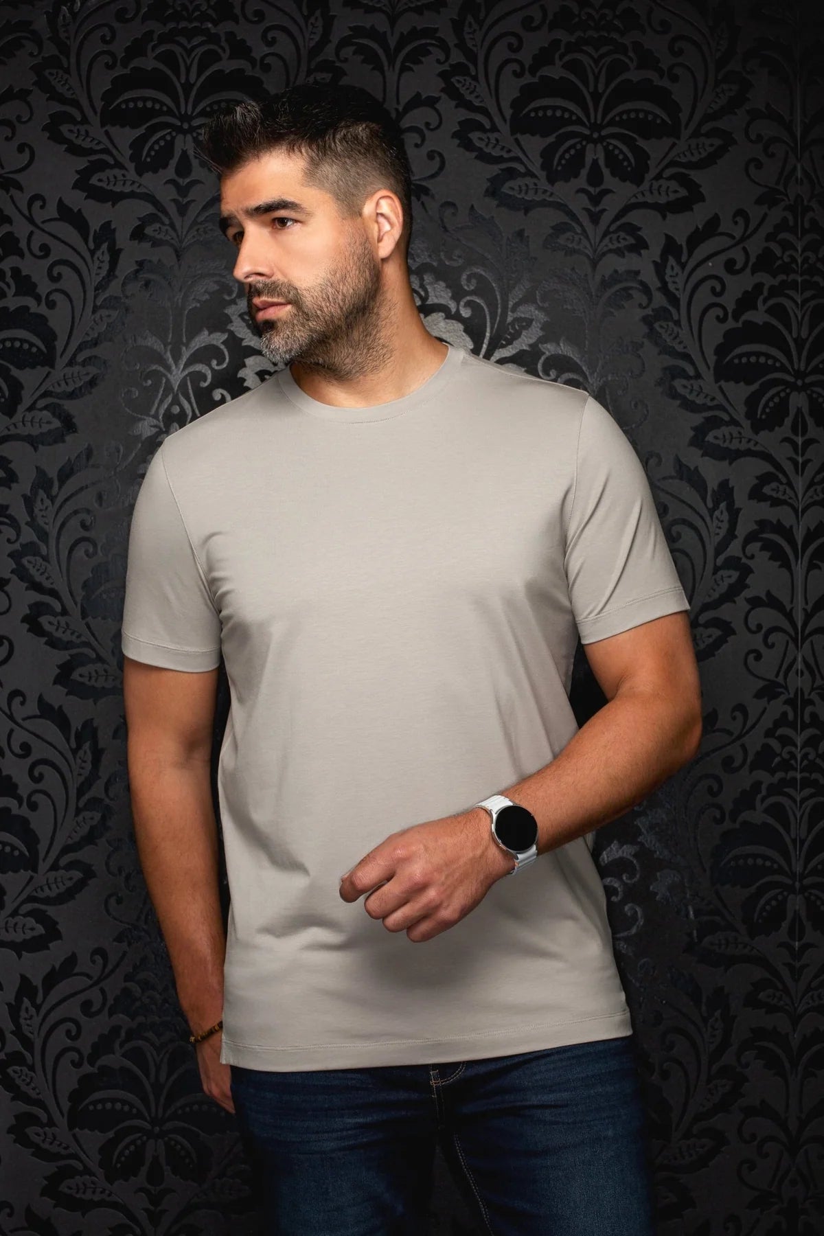 Broderick's Clothing Co. Au Noir C-MAVEN beige crew neck t-shirt in modal and mercerized cotton blend on a man