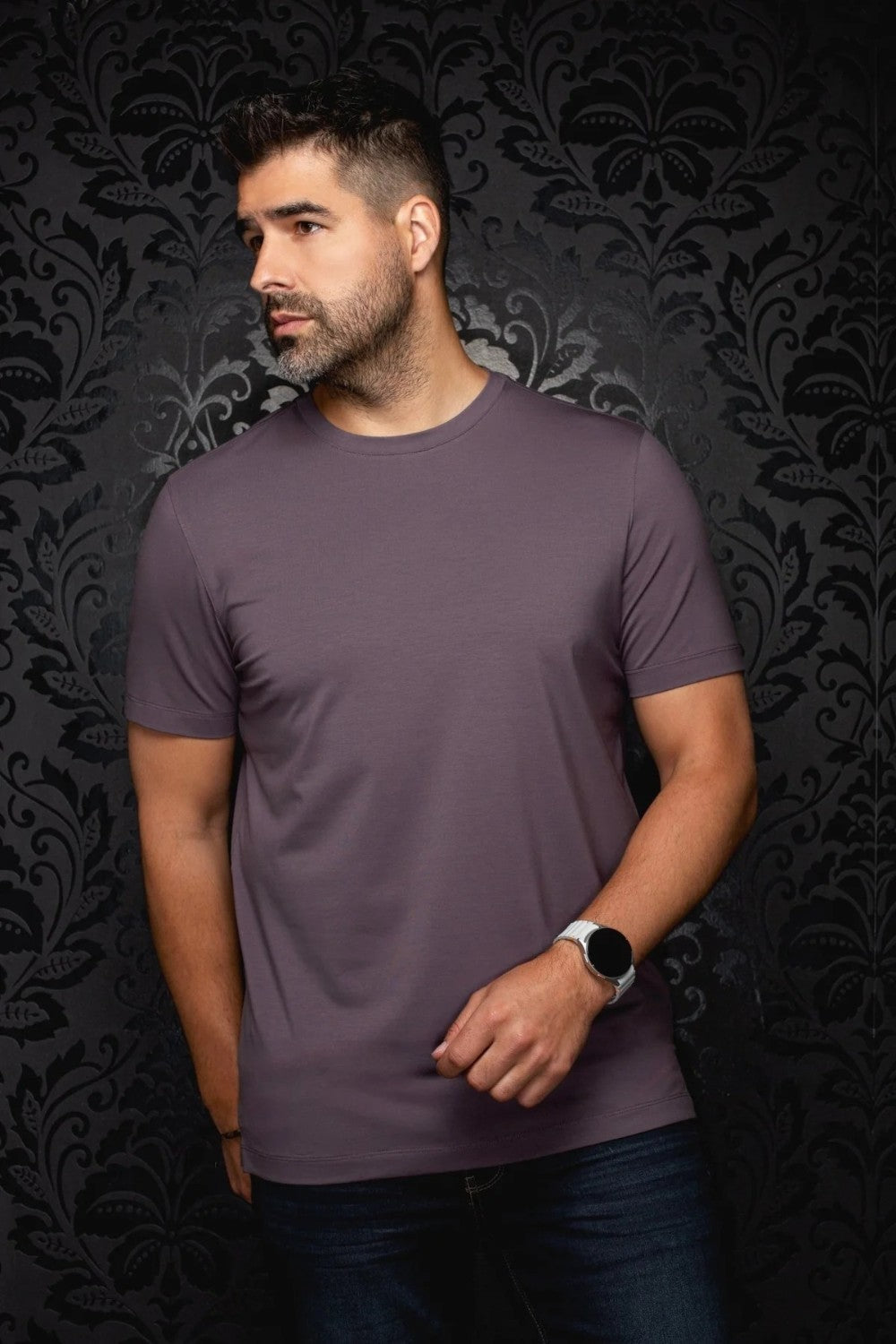 Broderick's Clothing Co. Au Noir C-MAVEN grey modal and mercerized cotton crew neck t-shirt worn by a bearded man