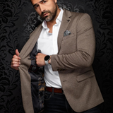 Broderick's Clothing Co. Au Noir EAMES blazer in brown textured fabric with patterned lining and pocket square