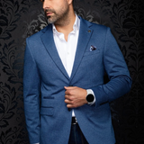 Broderick's Clothing Co. Au Noir EAMES medium blue textured blazer worn by a man with a white shirt and pocket square