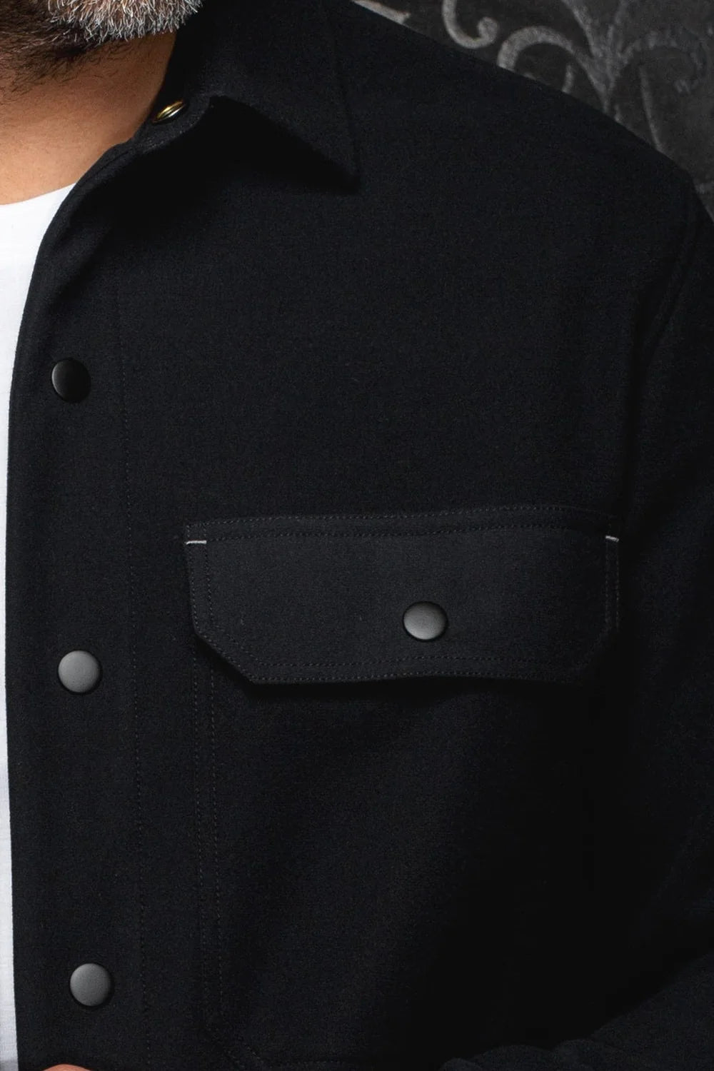 Broderick's Clothing Co. Au Noir GRADO black overshirt featuring a chest pocket with matte snap button closure