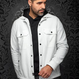 Broderick's Clothing Co. Au Noir GRADO white overshirt with black buttons worn over a black hoodie by a male model