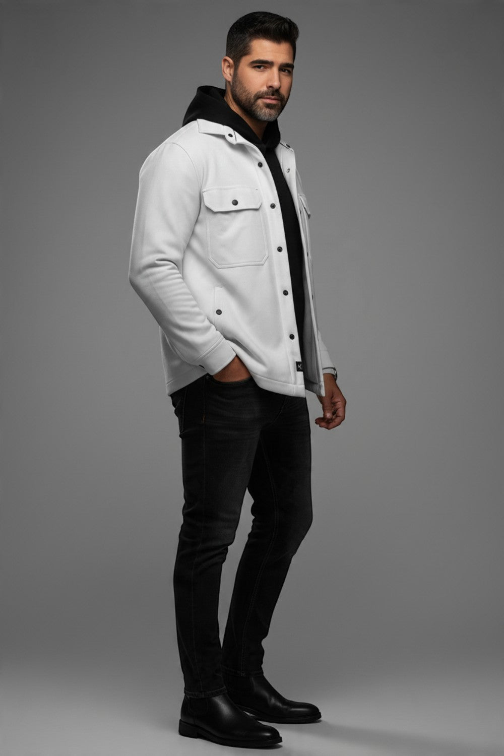 Broderick's Clothing Co. Au Noir GRADO white structured overshirt worn over a black hoodie and dark jeans