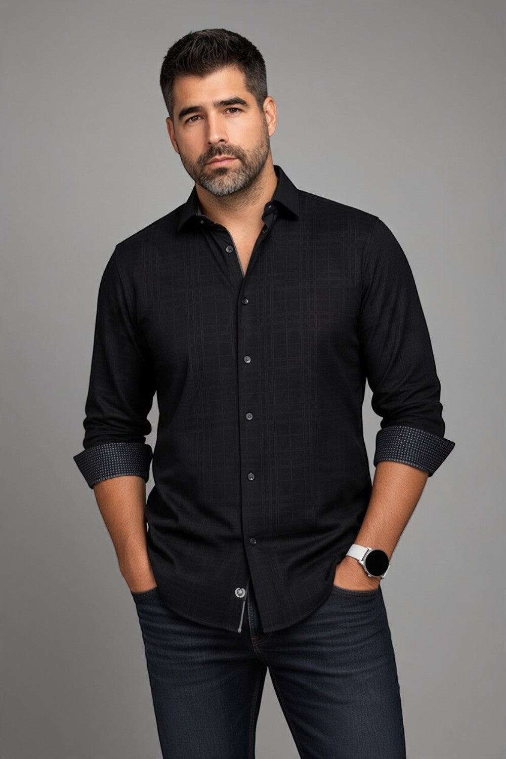 Broderick's Clothing Co. Au Noir KAELAN black long sleeve stretch shirt with contrasting cuffs on a male model