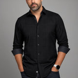 Broderick's Clothing Co. Au Noir KAELAN black long sleeve stretch shirt with contrasting cuffs on a male model