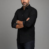 Broderick's Clothing Co. Au Noir KAELAN black long sleeve stretch shirt with patterned cuffs on a man