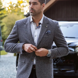 Broderick's Clothing Co. Au Noir KONRAD navy mix textured blazer worn by a man with a white patterned shirt and jeans