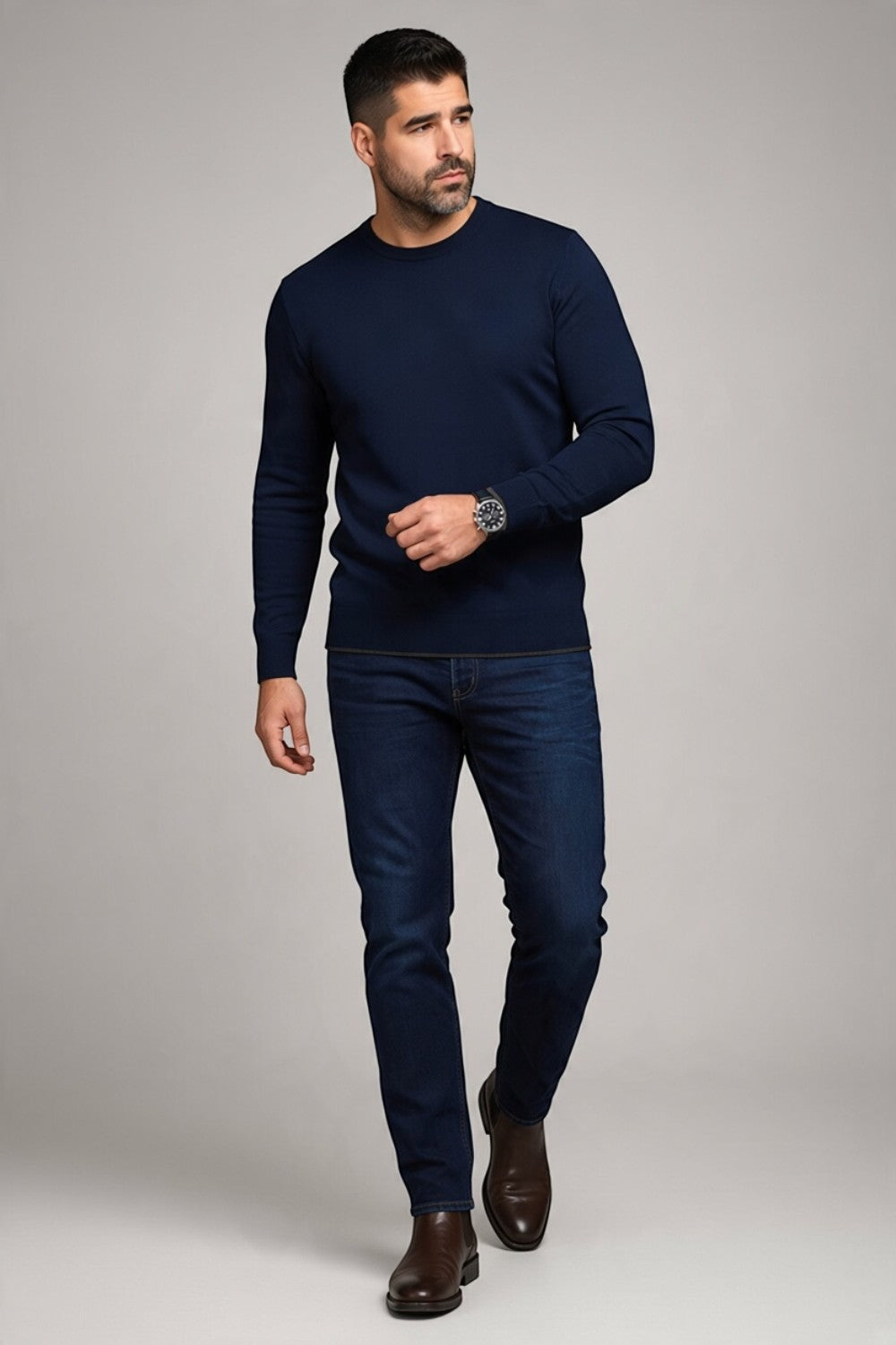 Broderick's Clothing Co. Au Noir LACAUNE navy blue cashmere crew neck sweater worn by a man with dark jeans