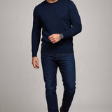 Broderick's Clothing Co. Au Noir LACAUNE navy blue cashmere crew neck sweater worn by a man with dark jeans