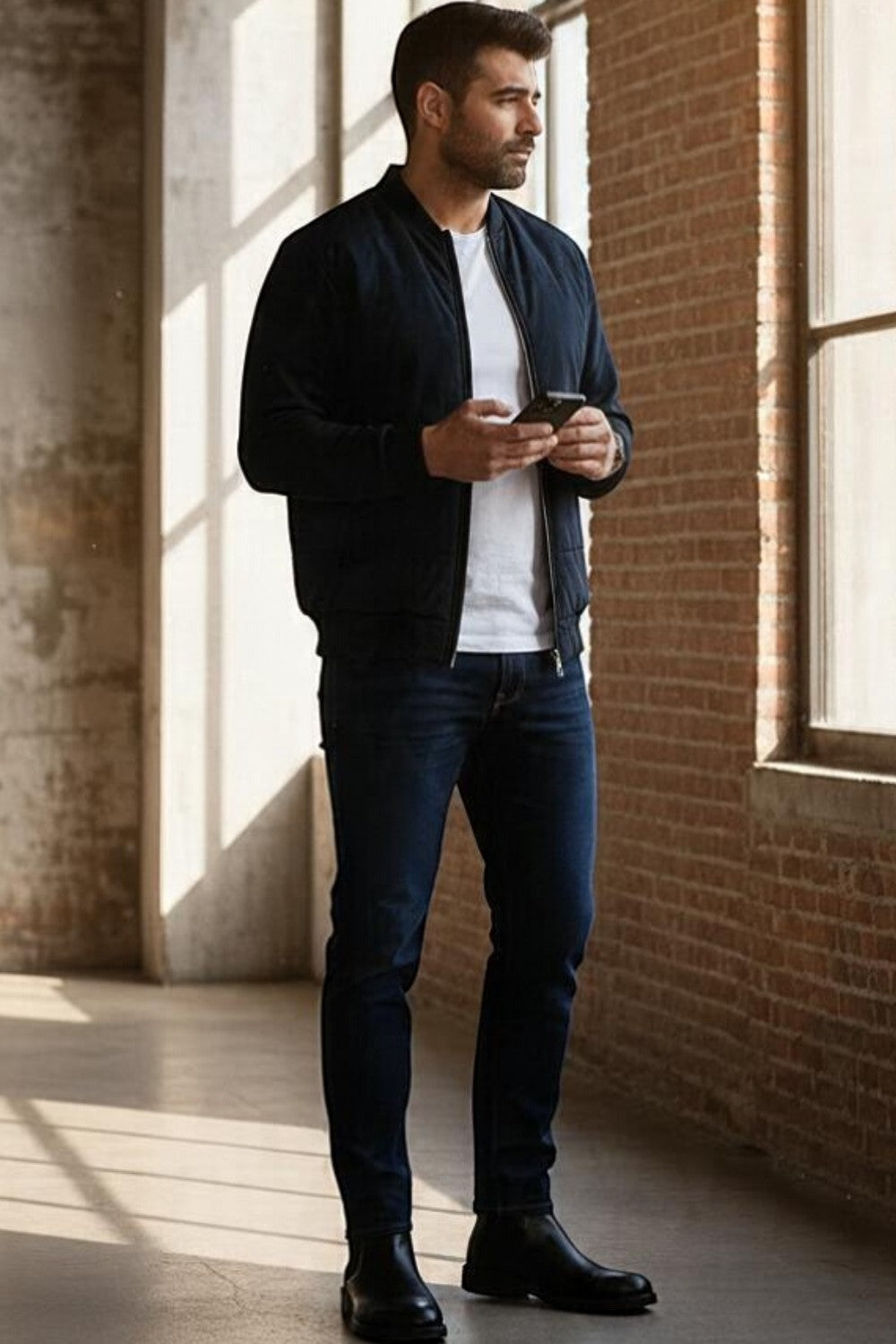 Broderick's Clothing Co. Au Noir LAMBERT navy blue bomber jacket worn by a man with a white t-shirt and dark jeans.