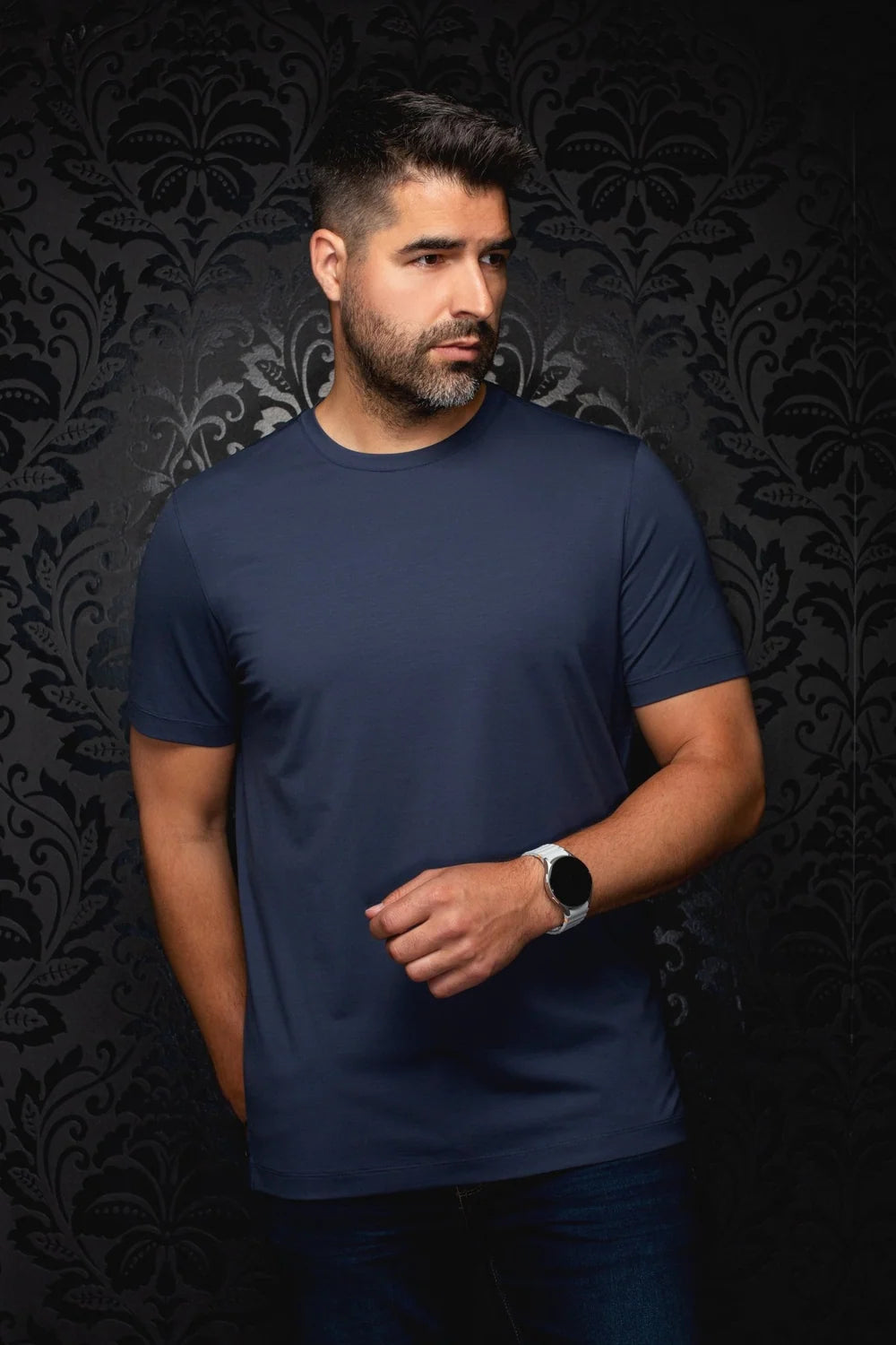 Broderick's Clothing Co. Au Noir C-MAVEN navy blue crew neck t-shirt in modal and mercerized cotton on a man