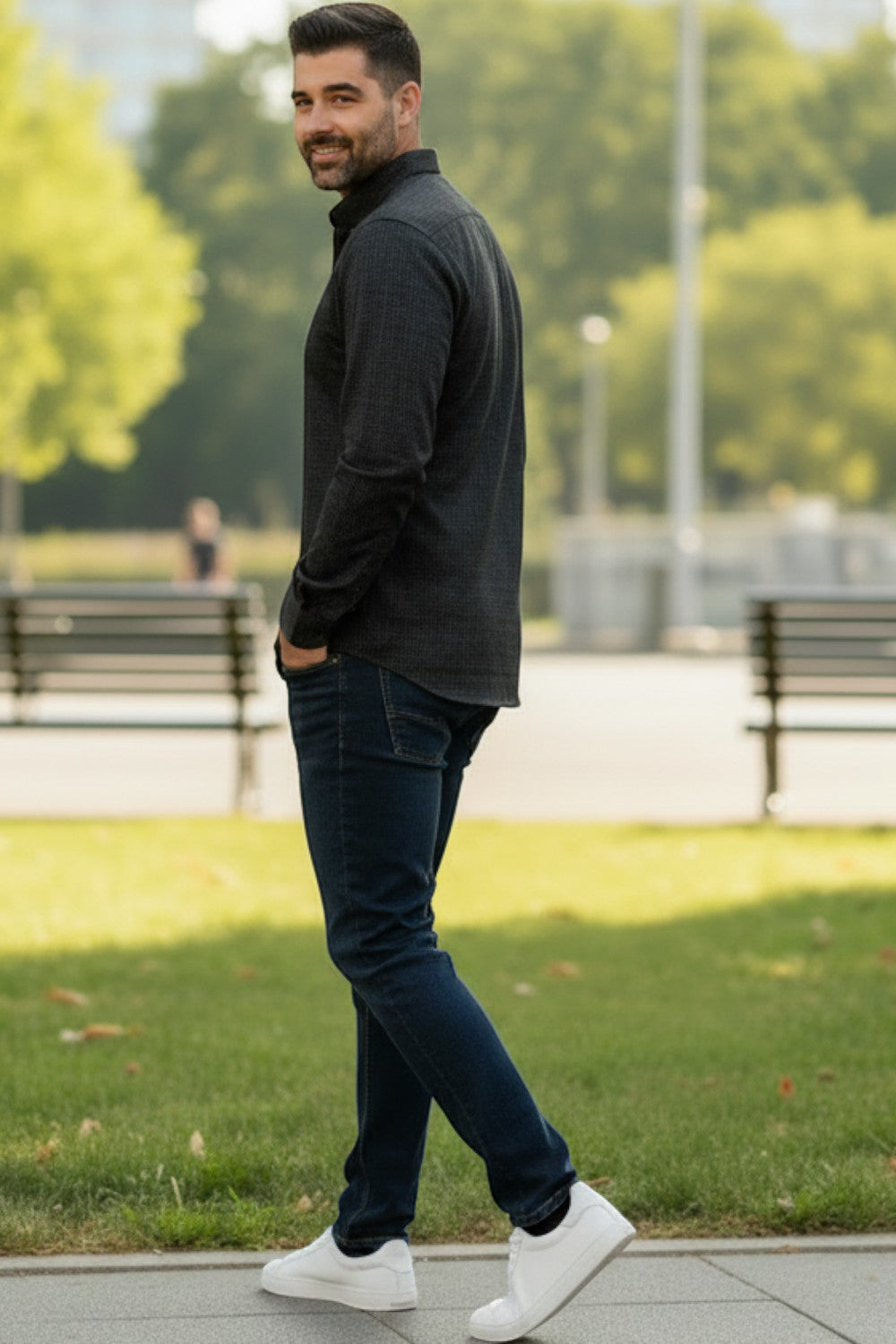 Broderick's Clothing Co. Au Noir RANCHO black 360-degree stretch long sleeve shirt worn by a man in a park