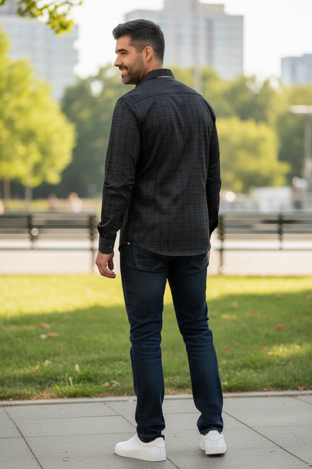 Broderick's Clothing Co. Au Noir RANCHO black long sleeve stretch shirt worn by a man in a park
