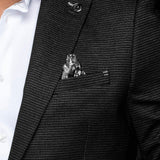 Broderick's Clothing Co. Au Noir SCARPA black textured blazer with a patterned pocket square and white shirt