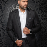 Broderick's Clothing Co. Au Noir Sullivan charcoal grey single breasted blazer with flap pockets on a man