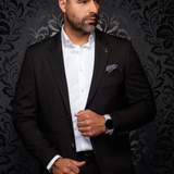Broderick's Clothing Co. Au Noir TYCHO dark brown blazer worn by a man with a white shirt and patterned pocket square