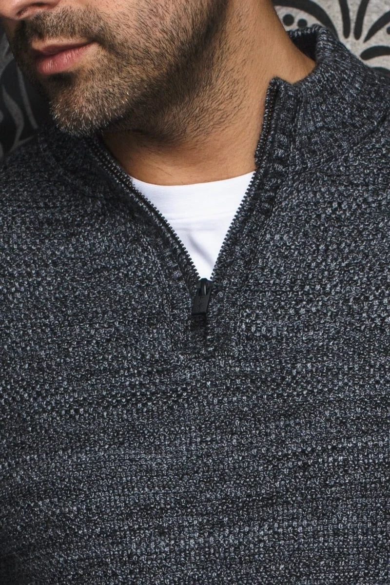 Broderick's Clothing Co. Au Noir VOGAR charcoal merino wool blend quarter zip sweater with stand-up collar