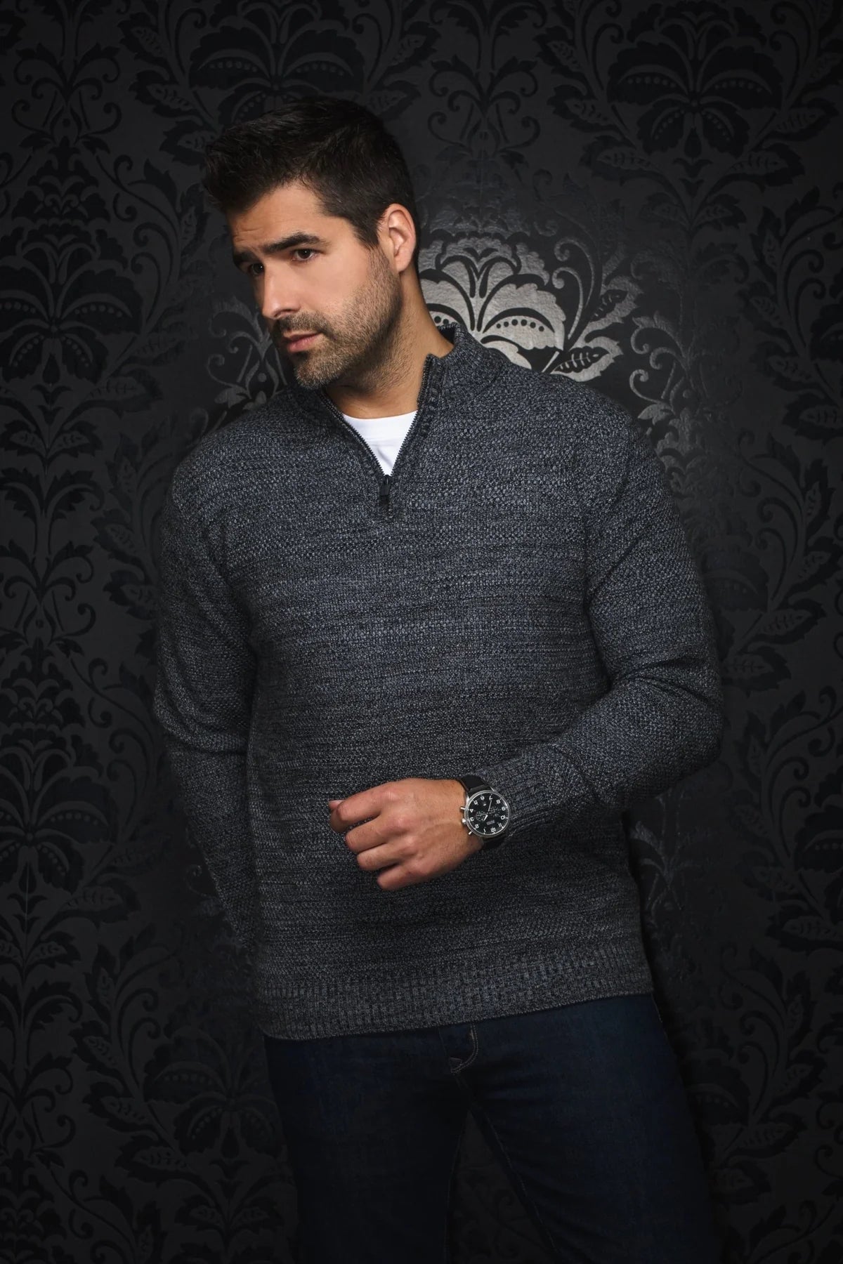 Broderick's Clothing Co. Au Noir VOGAR charcoal grey merino wool blend quarter zip sweater with a stand-up collar.