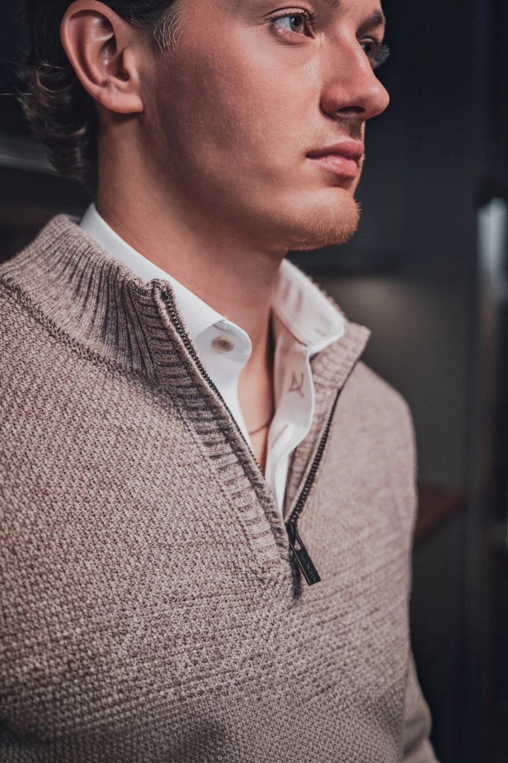 Broderick's Clothing Co. Au Noir VOGAR beige merino wool blend quarter zip sweater with a stand-up collar