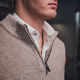 Broderick's Clothing Co. Au Noir VOGAR beige merino wool blend quarter zip sweater with a stand-up collar