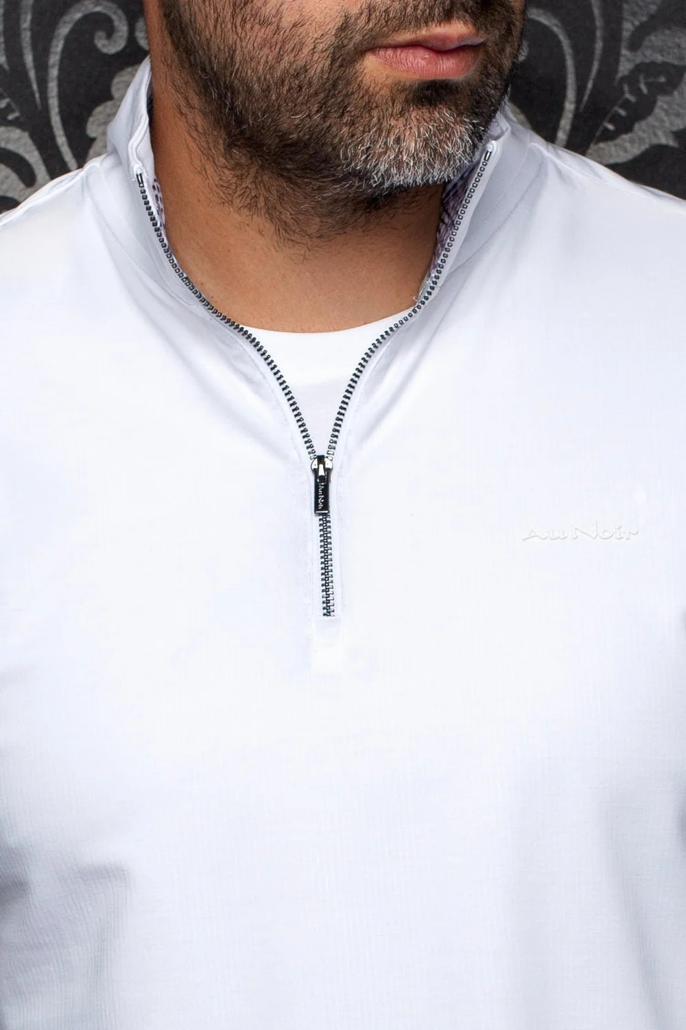 Broderick's Clothing Co. Au Noir white mock neck knit pullover with a quarter-zip closure and subtle knurling detail.