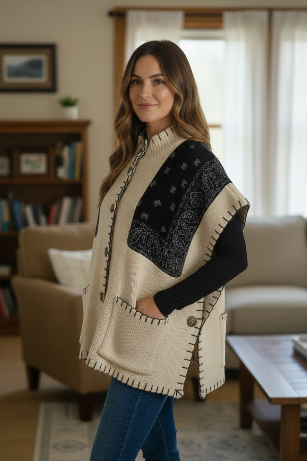 Broderick's Clothing Co. cream and black bandana print poncho with high neck, button front, and whip-stitch edges.