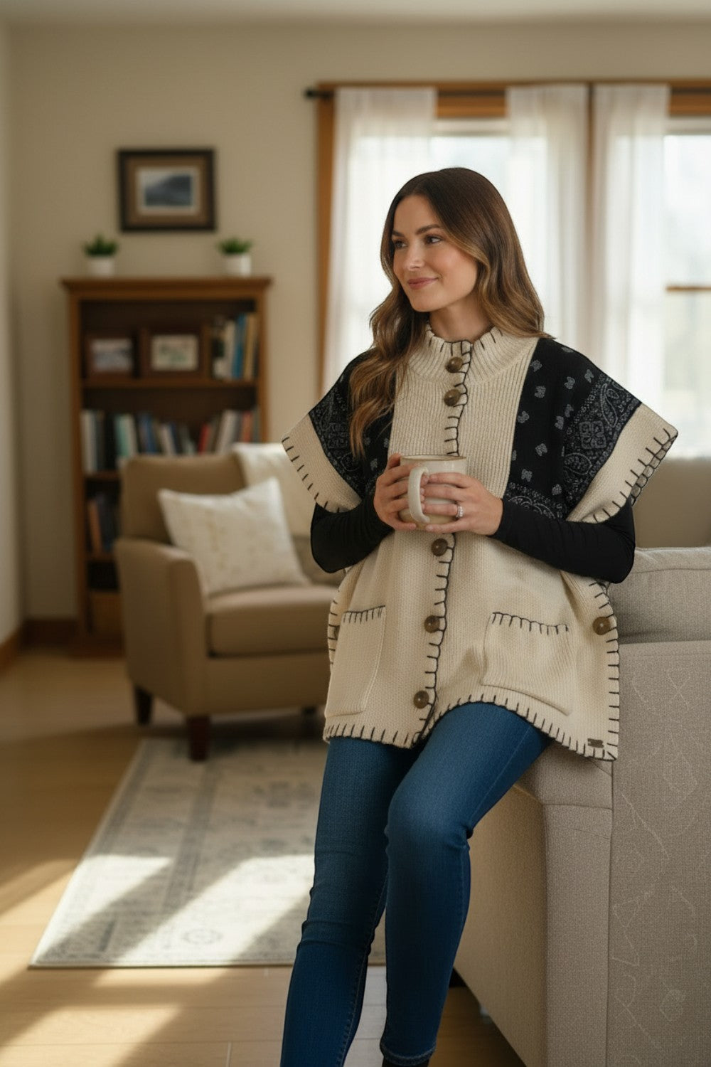 Broderick's Clothing Co. cream and black bandana print poncho with button front, high neck, and whip-stitch detail.