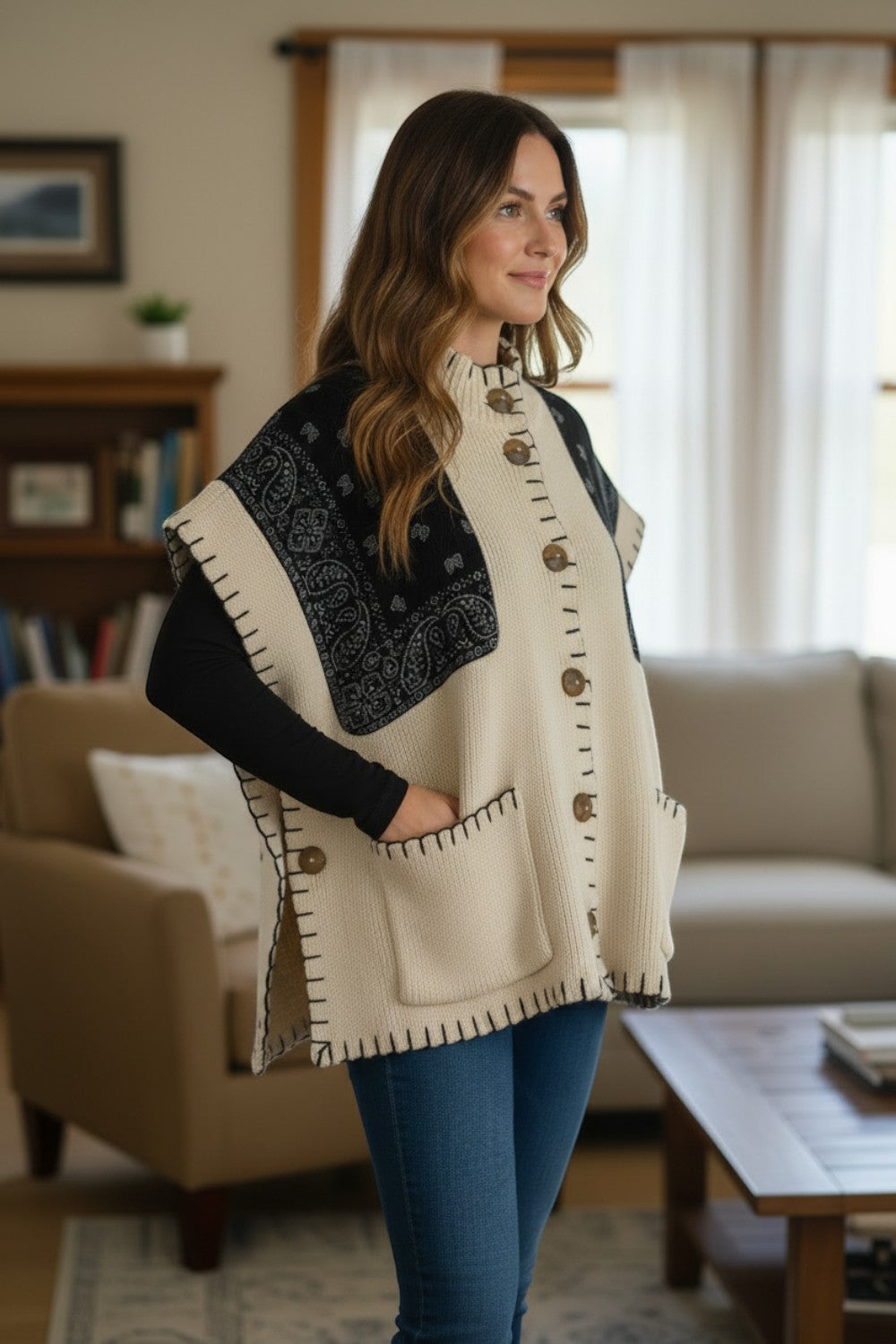 Broderick's Clothing Co. cream and black bandana print poncho with button front, pockets, and whip-stitch detailing.