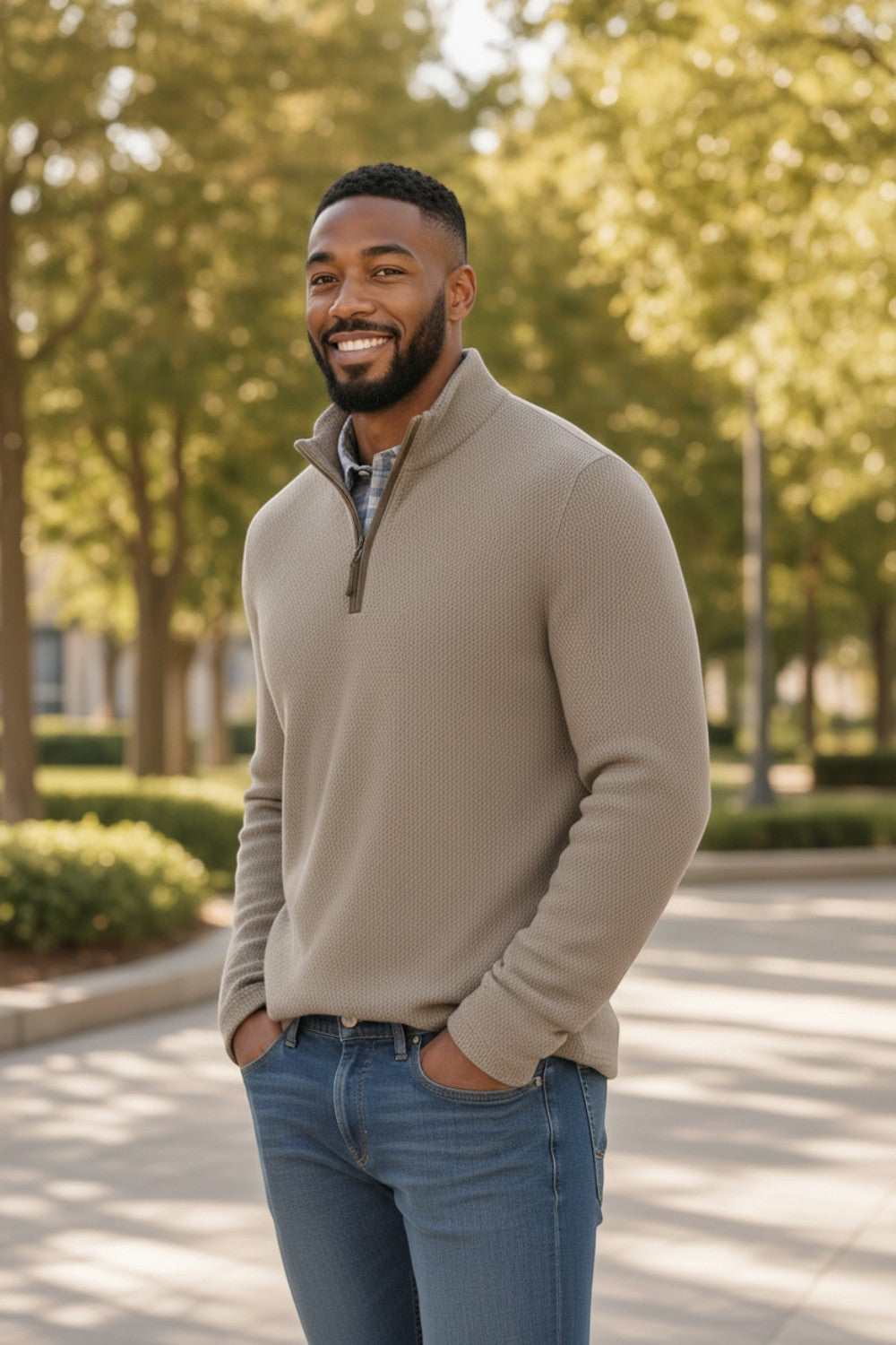 Broderick's Clothing Co. man wearing a beige melange quarter-zip sweater over a plaid shirt and blue jeans outdoors.