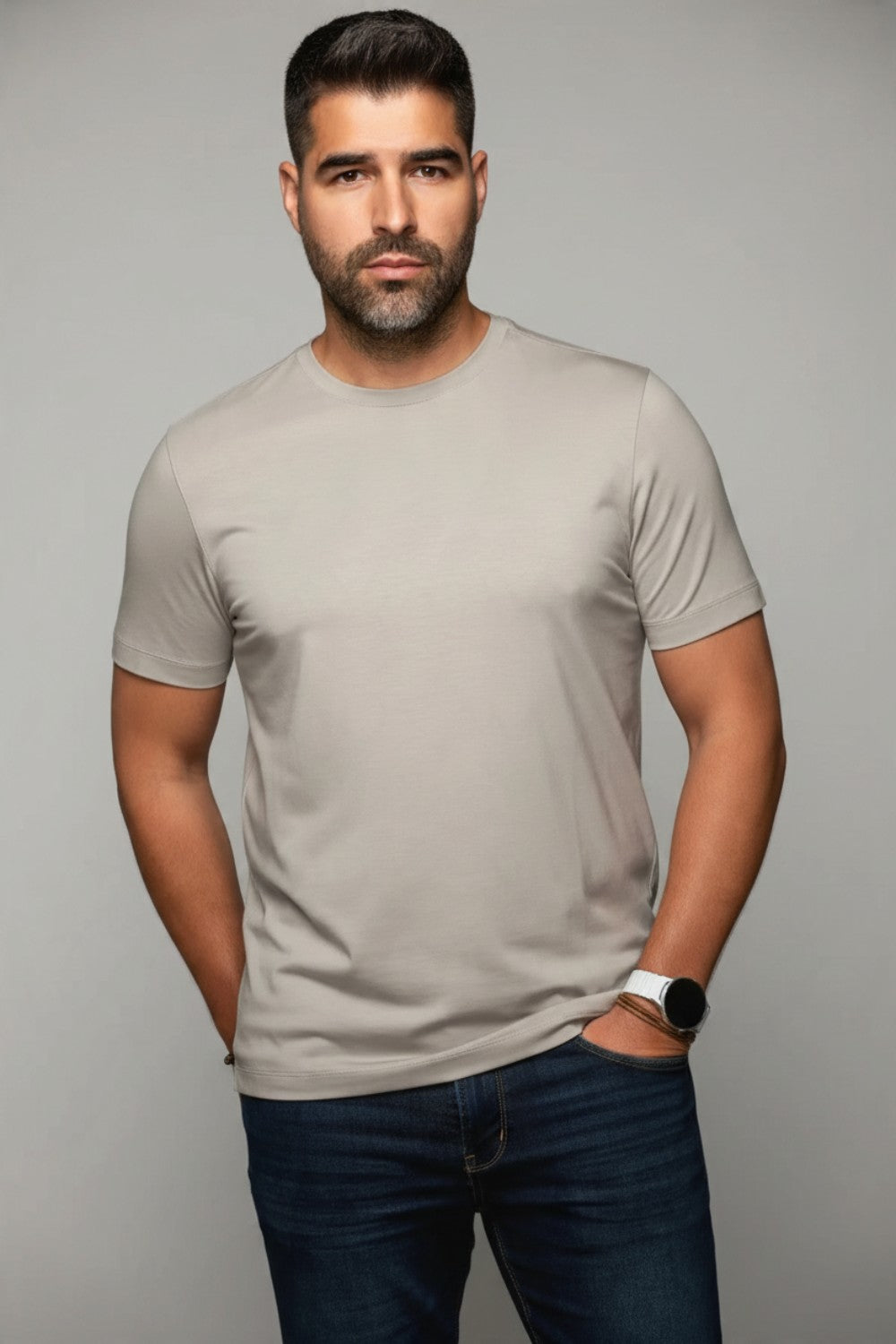 Broderick's Clothing Co. Au Noir C-MAVEN beige modal and mercerized cotton t-shirt worn by a man with a beard.