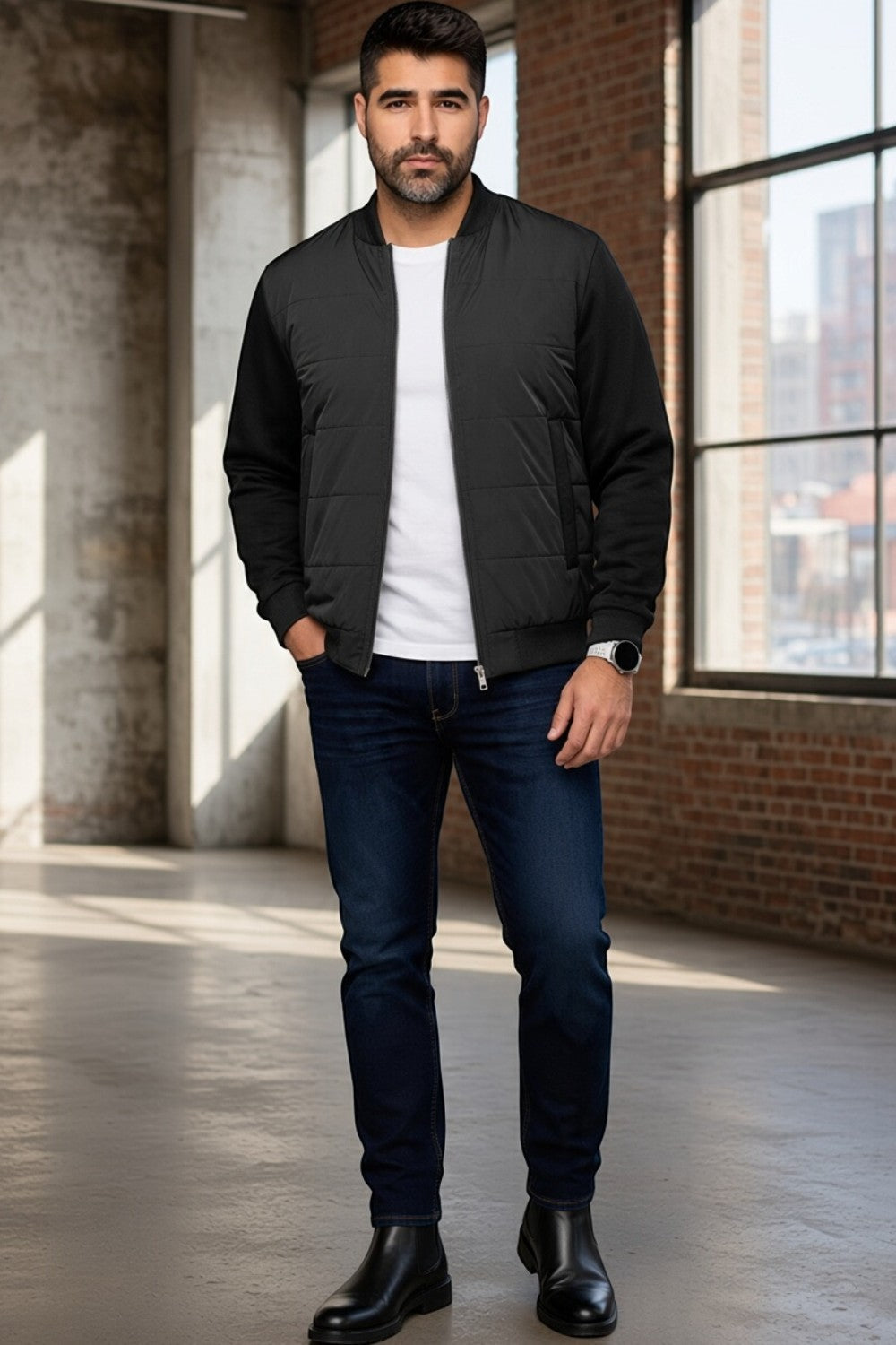 Broderick's Clothing Co. model wearing a black Au Noir LAMBERT bomber jacket with a white t-shirt and dark jeans