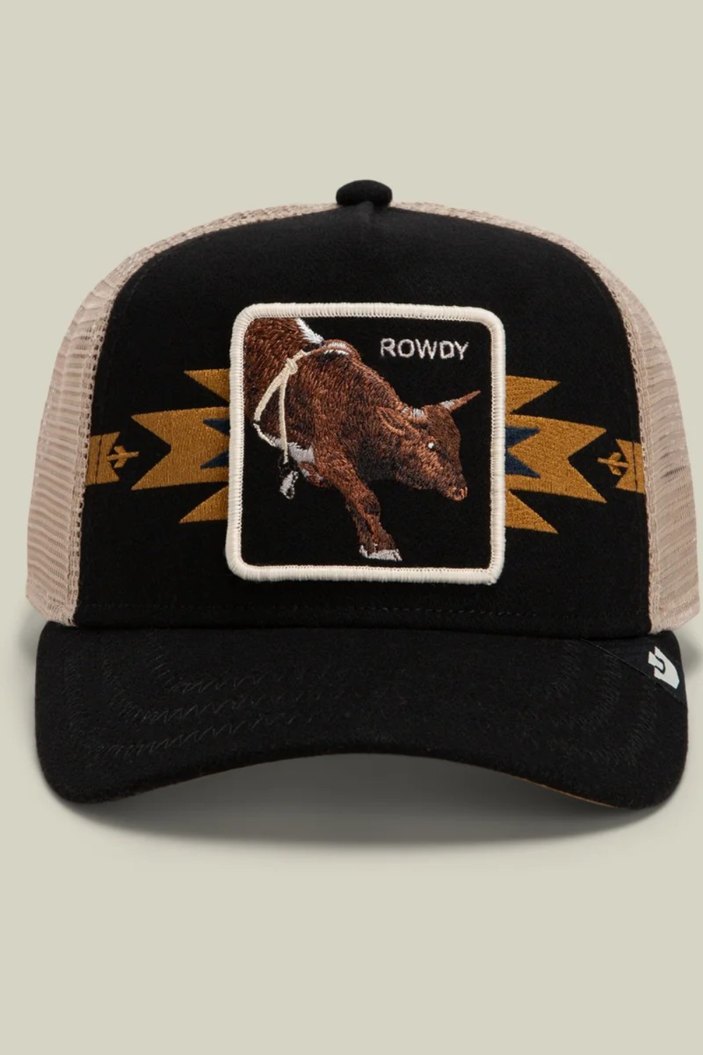 Broderick's Clothing Co. Goorin Bros. black trucker hat with tan mesh back and embroidered bull patch