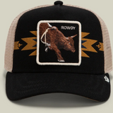 Broderick's Clothing Co. Goorin Bros. black trucker hat with tan mesh back and embroidered bull patch