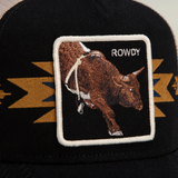 Broderick's Clothing Co. Goorin Bros. black trucker hat with a bull patch and desert-inspired embroidery detail.
