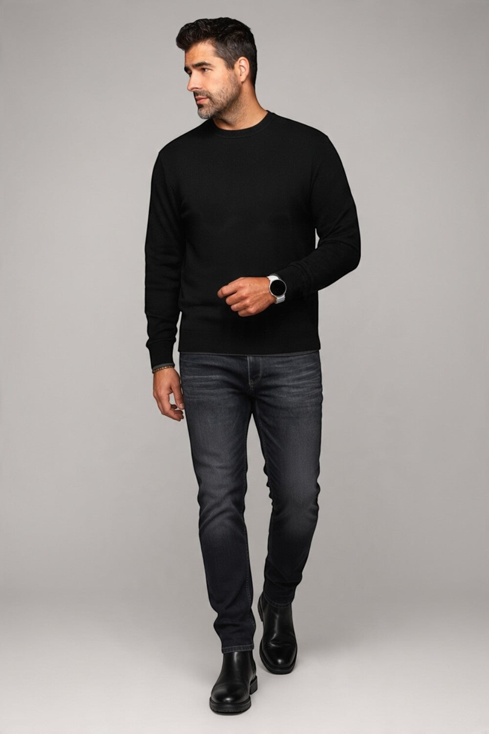 Broderick's Clothing Co. Au Noir LACAUNE black cashmere sweater worn by a man with dark jeans and black boots
