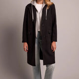 Broderick's Clothing Co. black knit car coat with a removable grey fooler hoodie, notch lapels, and button closure.