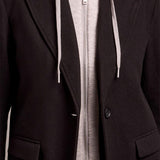 Broderick's Clothing Co. black knit car coat featuring a removable grey jersey fooler hoodie and notch lapels.