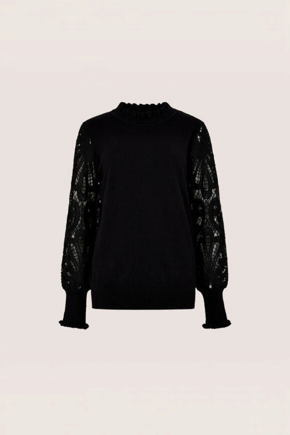 Broderick's Clothing Co. black jumper with crew neck, lettuce trim, and intricate guipure lace mesh sleeves.