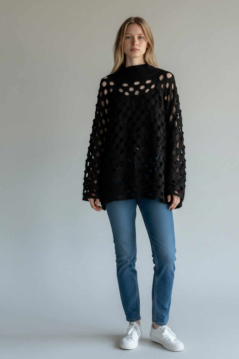 Broderick's Clothing Co. Shannon Passero Tara black open-knit high-neck pullover sweater with circular cutouts