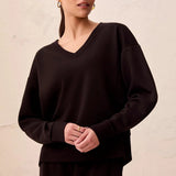 Broderick's Clothing Co. black V-neck pullover in Techno Lux scuba knit with drop shoulders and ribbed hem