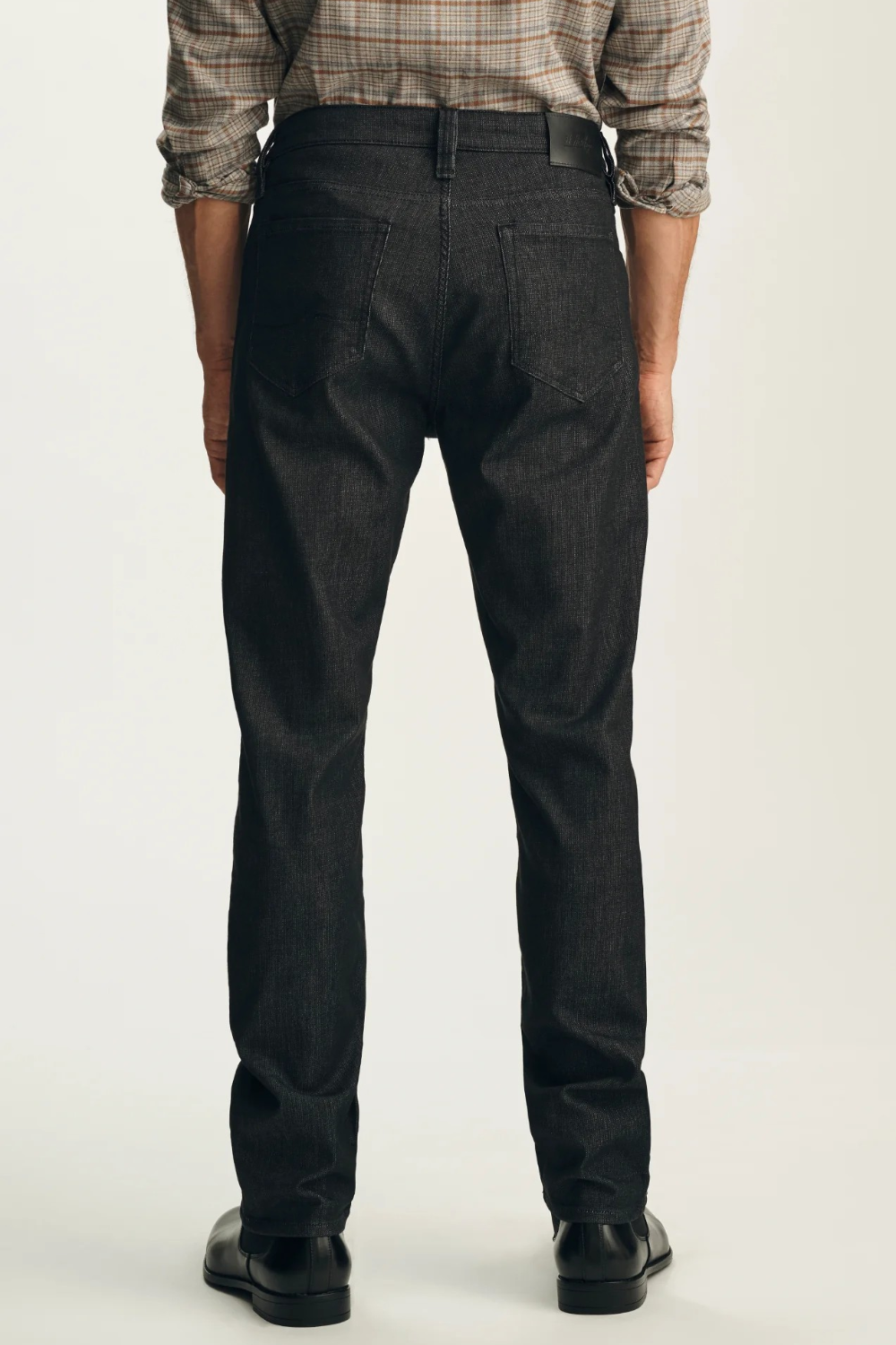 Broderick's Clothing Co. 34 Heritage Courage black straight leg jeans with Thermocool technology, back view.