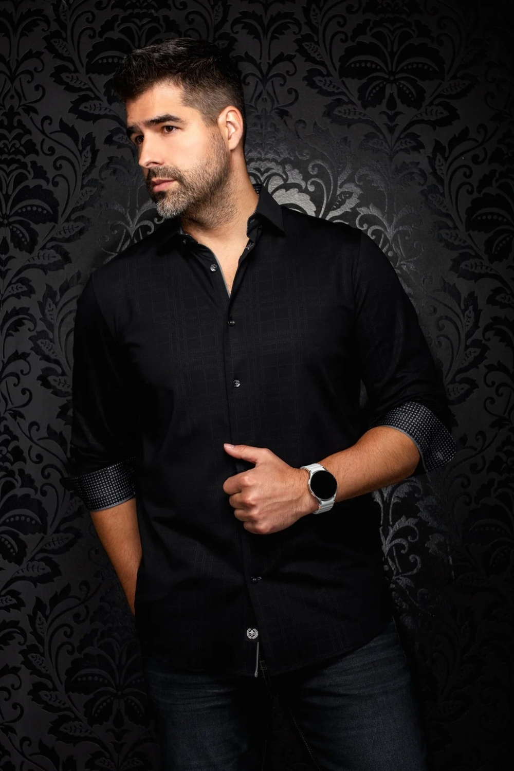 Broderick's Clothing Co. Au Noir KAELAN black long sleeve shirt with patterned cuffs and 360-degree stretch fabric.